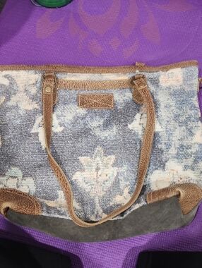 Boho  Myra Floral Pattern Canvas Tote Bag with Brown Leather Trim